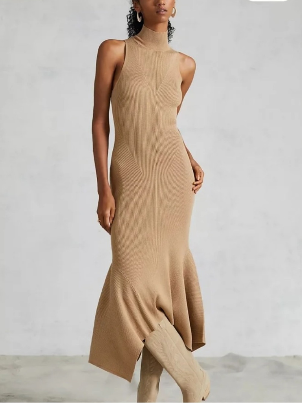Anthropologie Mock Neck Midi Dress in Camel Tan